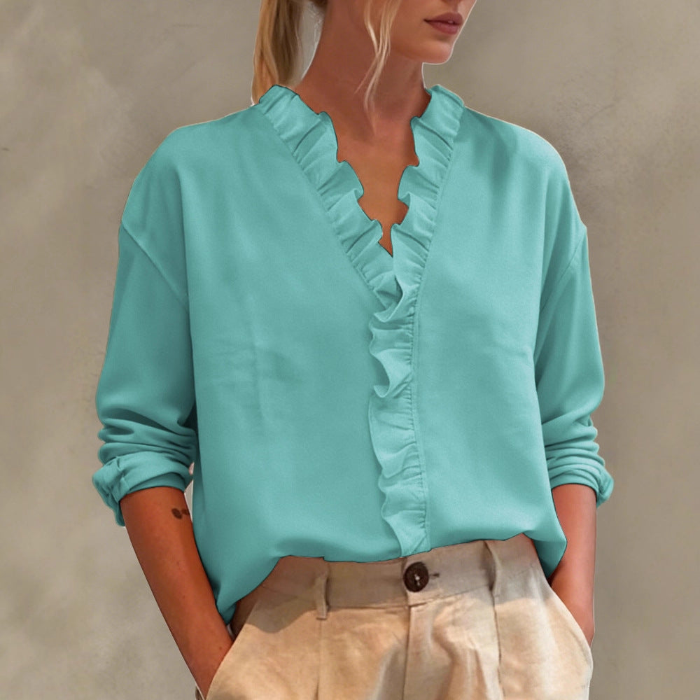 Womens Casual Long-sleeve V-neck Blouse With Lace Trim