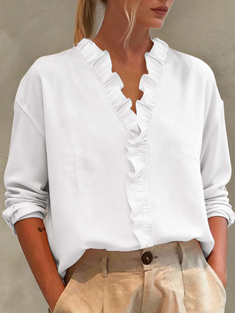 Womens Casual Long-sleeve V-neck Blouse With Lace Trim