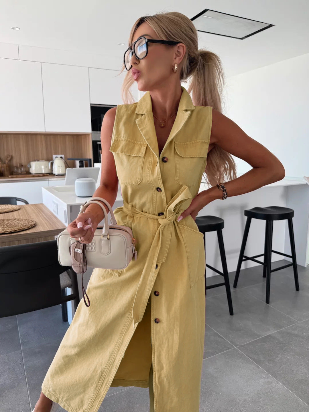 Sleeveless Long Tie Waist Single-breasted Denim Dress