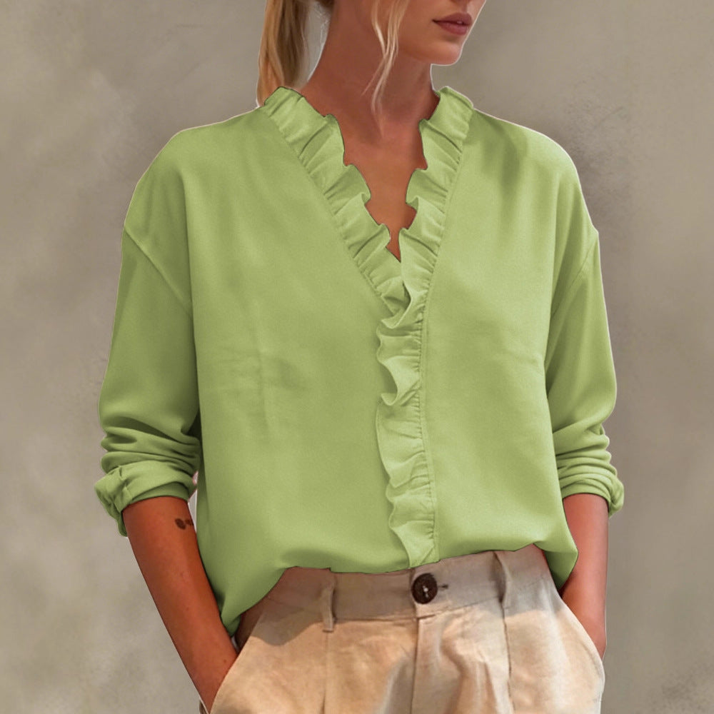 Womens Casual Long-sleeve V-neck Blouse With Lace Trim