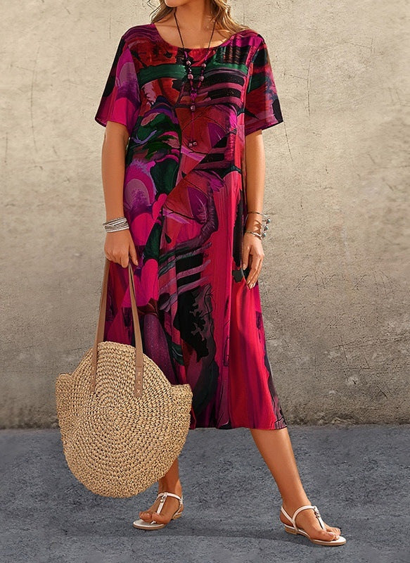 Fashion Casual Printed Dress Summer Short Sleeved Waist Round Neck Loose Beach Long Skirt