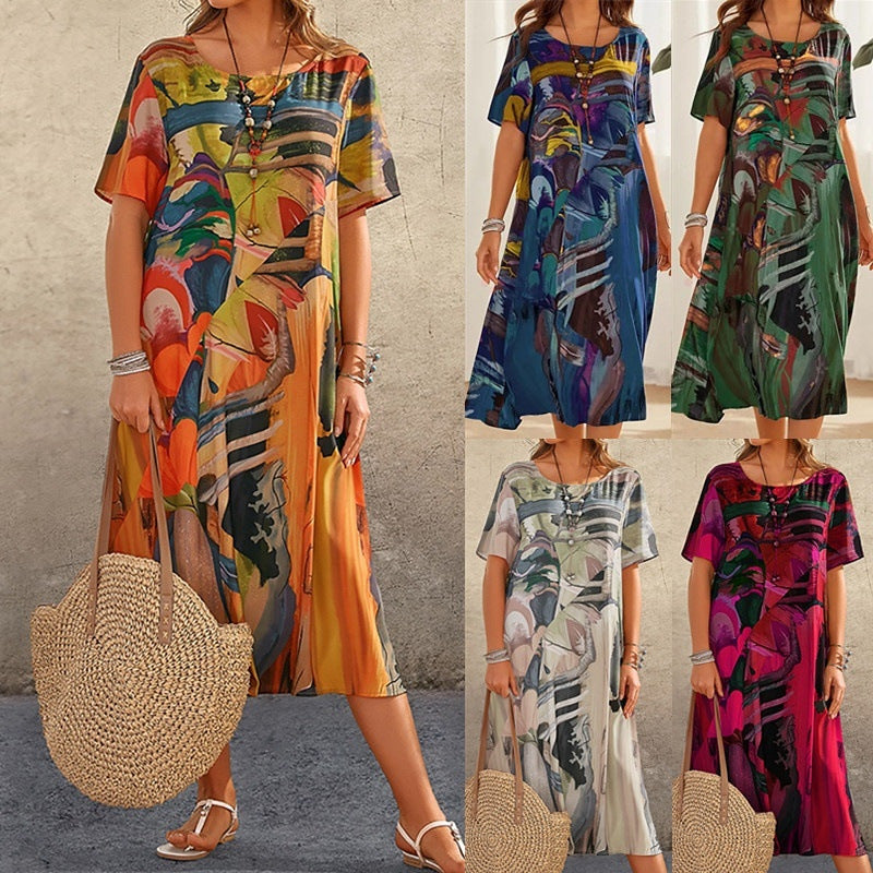 Fashion Casual Printed Dress Summer Short Sleeved Waist Round Neck Loose Beach Long Skirt