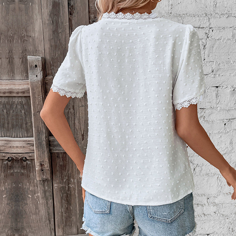 Lace V-neck T-shirt Summer Fashion Short-sleeved Blouse Shirt Women's Solid Color Clothing