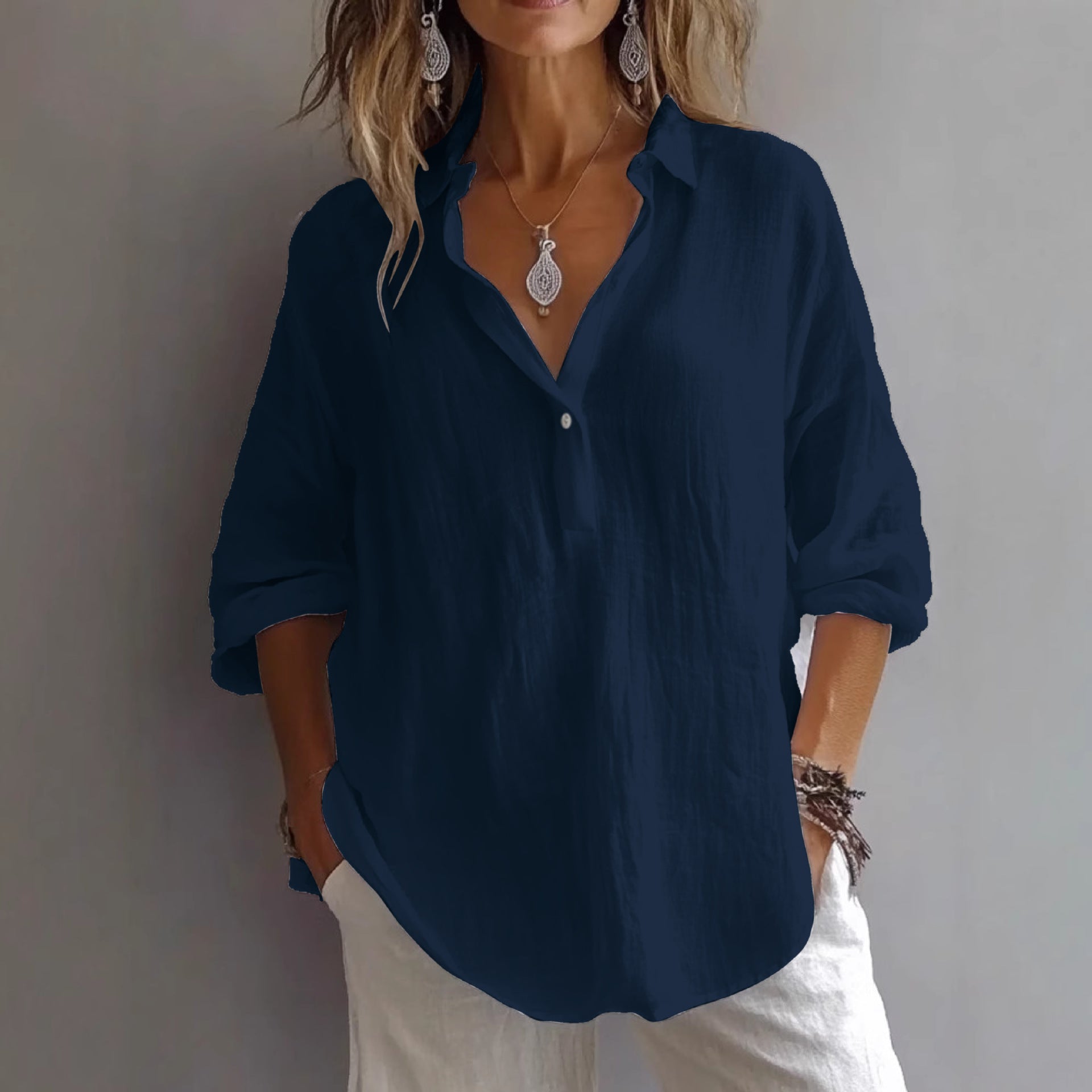 Fashion Long-sleeved Lapel Pullover Shirt Casual Loose Solid Color T-shirt Tops Women's Clothing