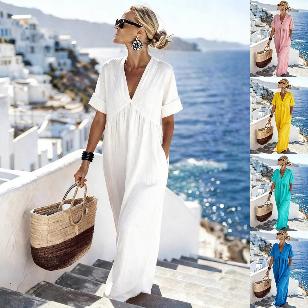 Womens Casual Resort-Style V-Neck Short-Sleeve Solid Color Long Dress