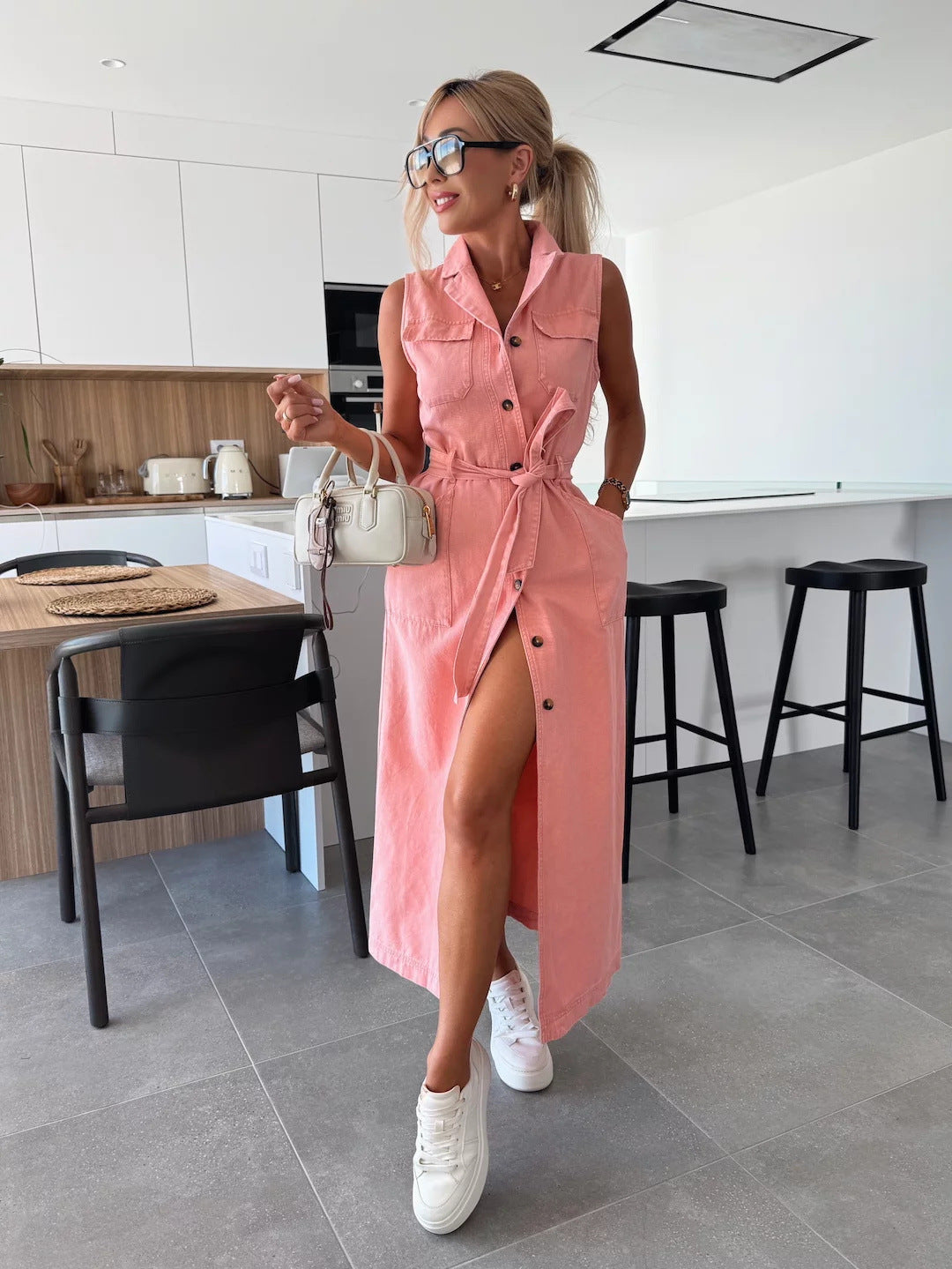 Sleeveless Long Tie Waist Single-breasted Denim Dress