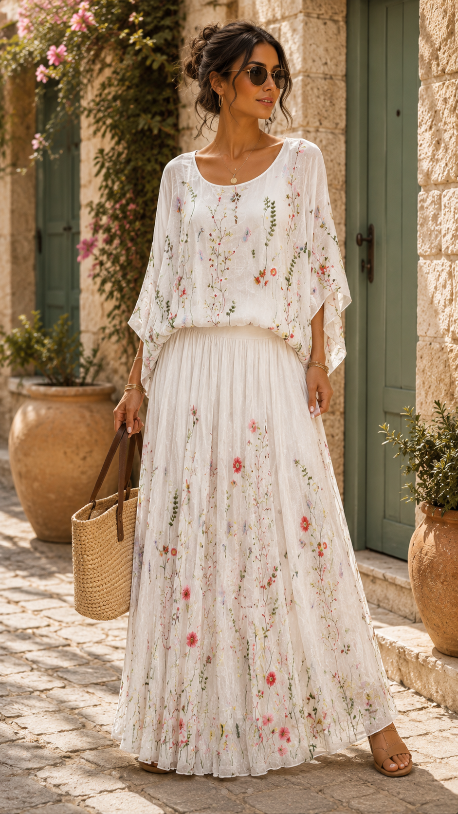 Vintage Floral Chiffon Two-Piece Maxi Set