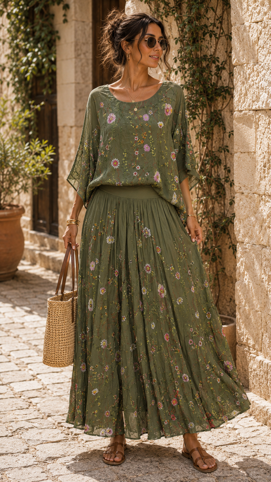 Vintage Floral Chiffon Two-Piece Maxi Set