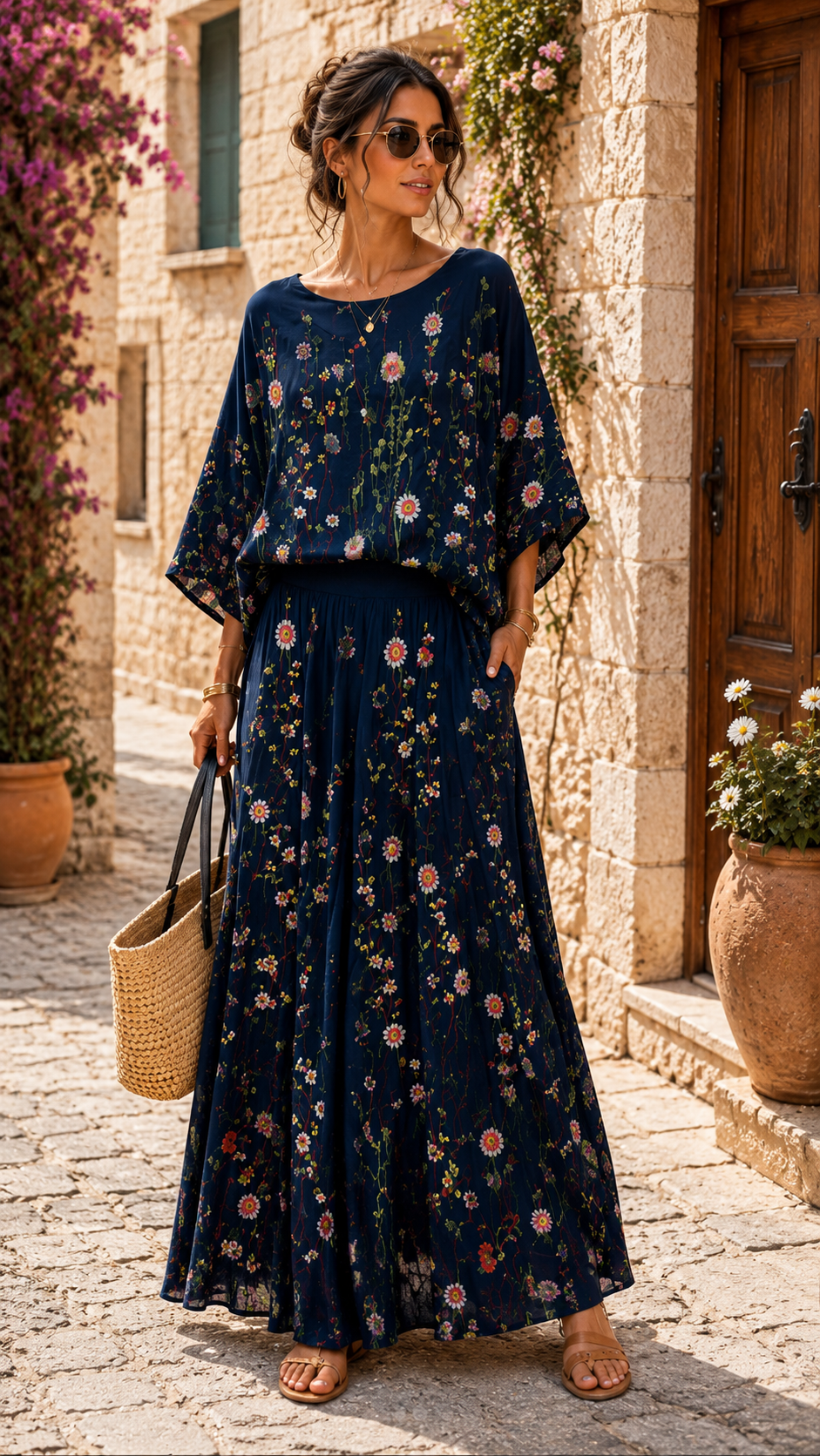 Vintage Floral Chiffon Two-Piece Maxi Set