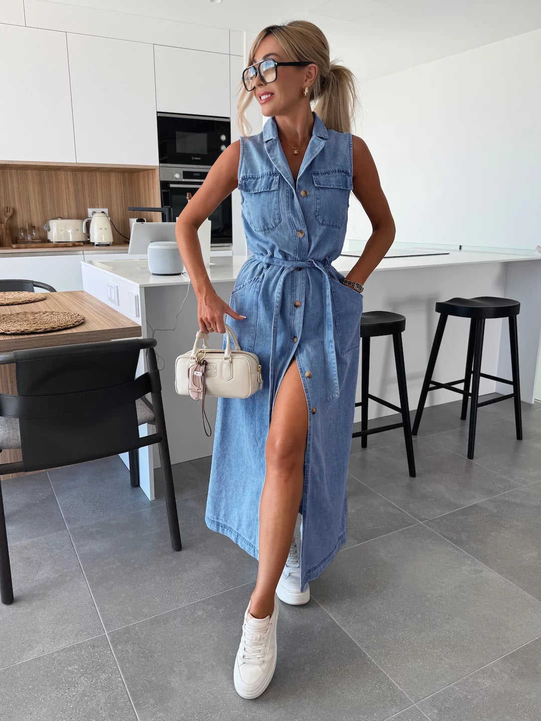Sleeveless Long Tie Waist Single-breasted Denim Dress