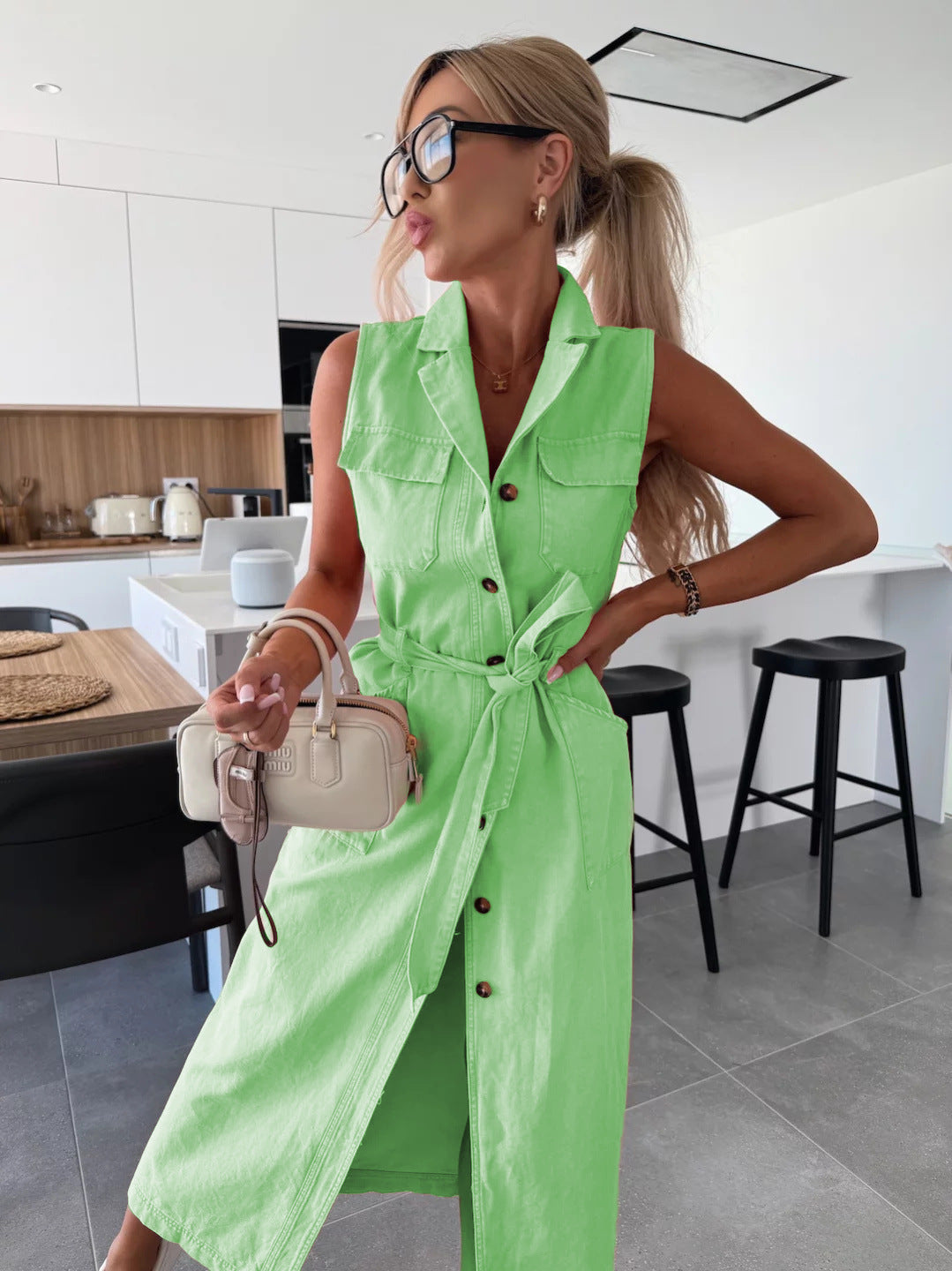 Sleeveless Long Tie Waist Single-breasted Denim Dress