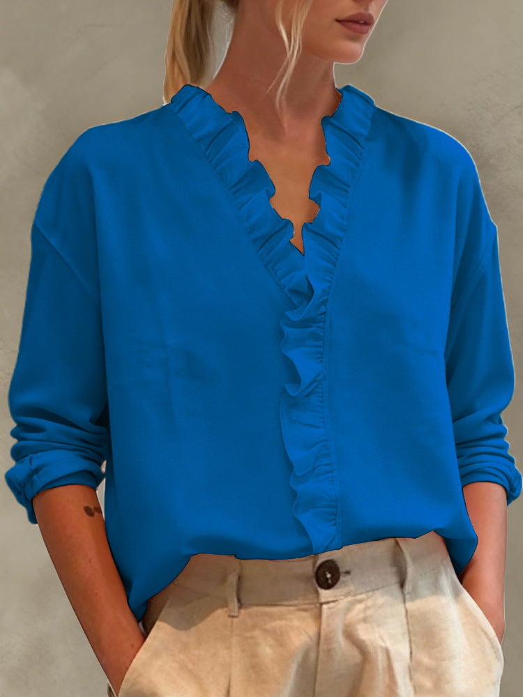 Womens Casual Long-sleeve V-neck Blouse With Lace Trim