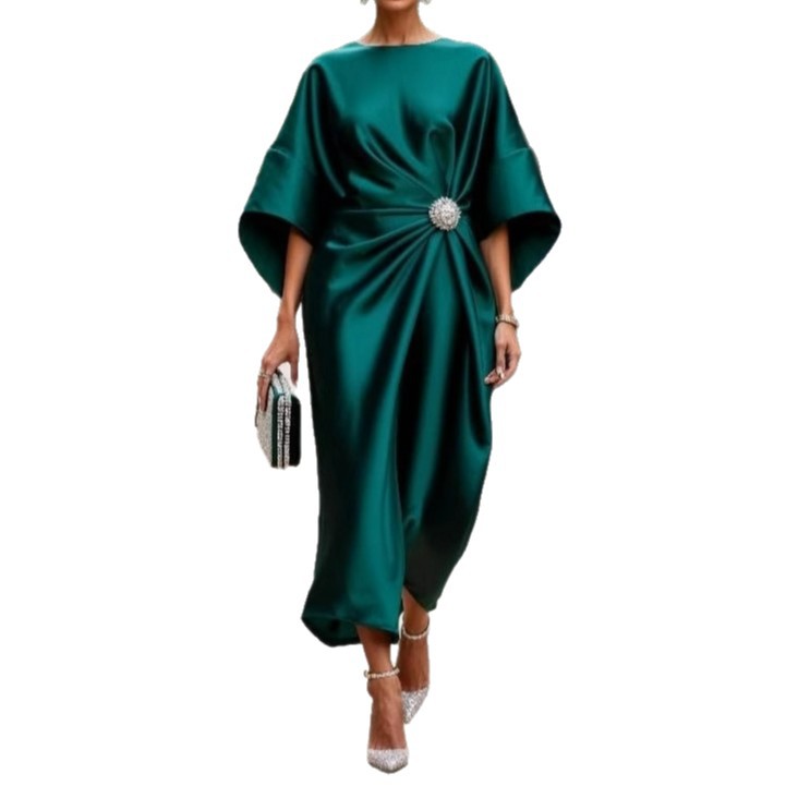 Elegant Commuter Design Sense Satin Long Dress For Women With Pearl Flower Decoration High Waist Irregular Skirt