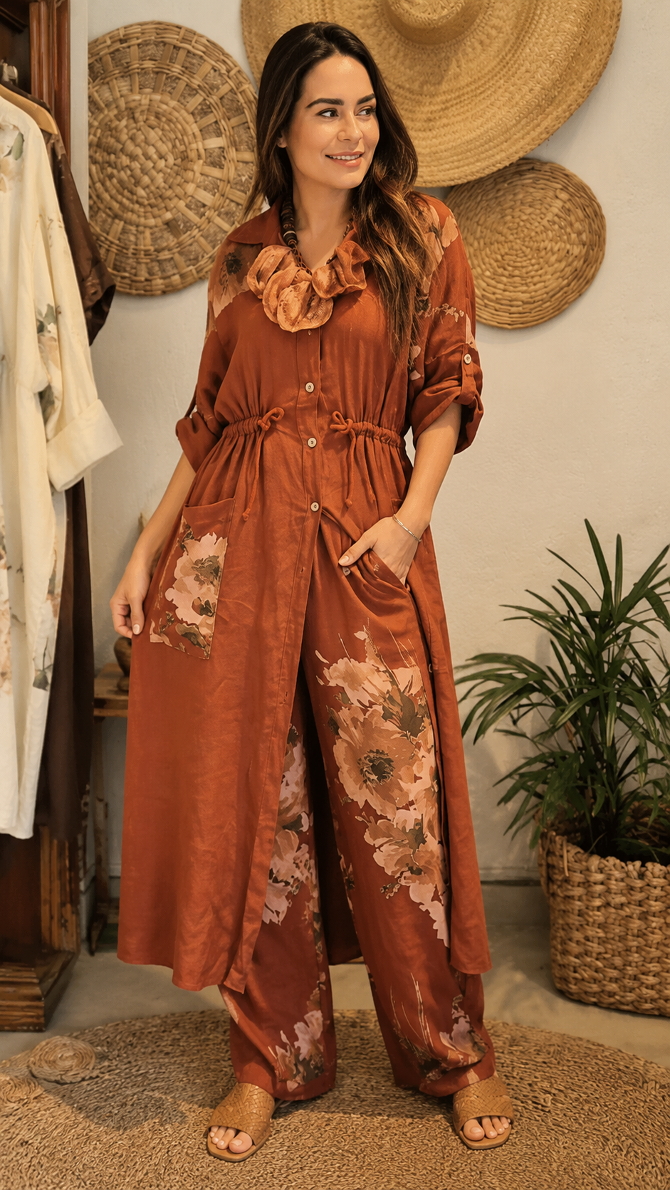 Floral Print Longline Shirt & Wide-Leg Pants Set