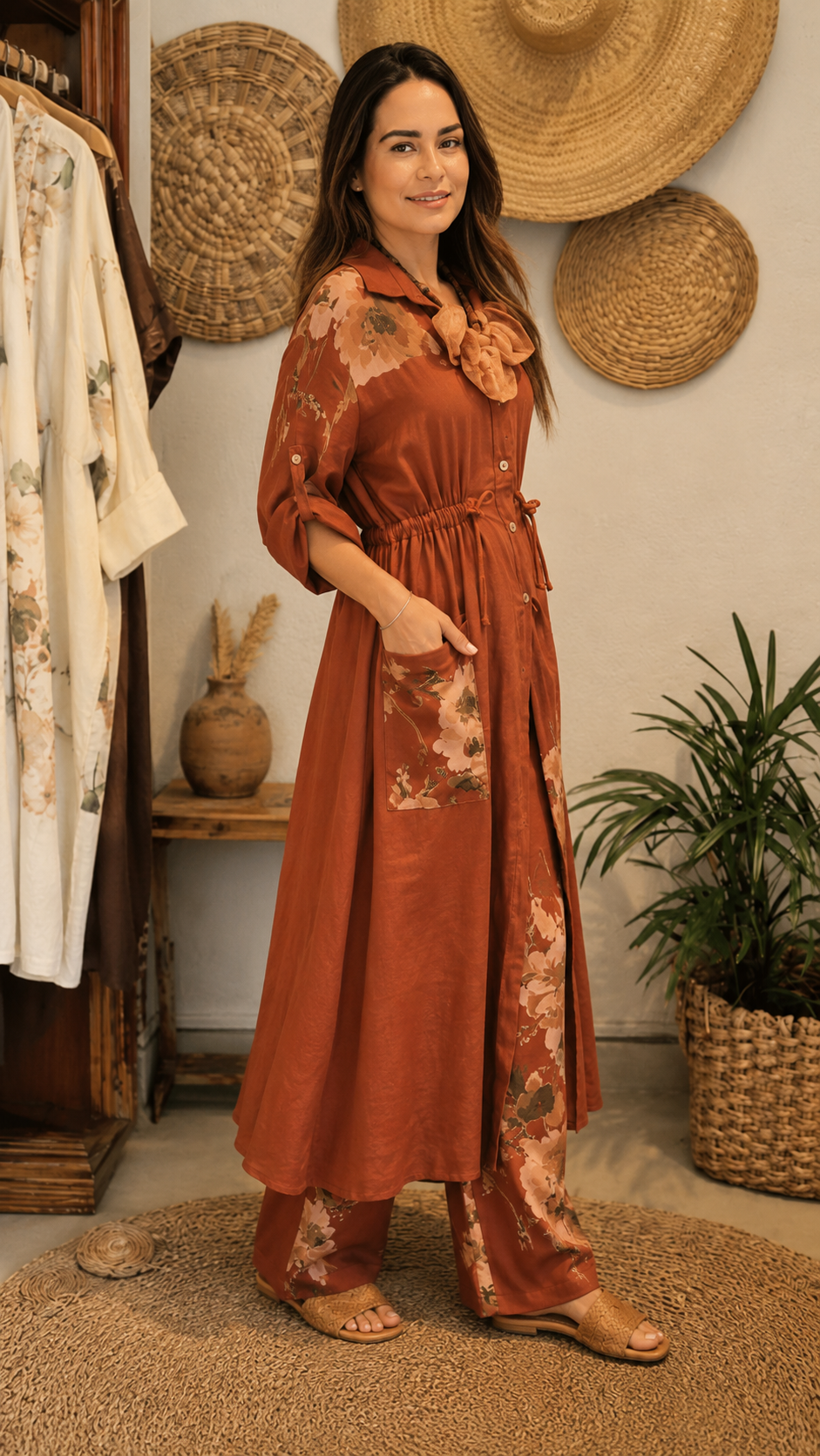 Floral Print Longline Shirt & Wide-Leg Pants Set