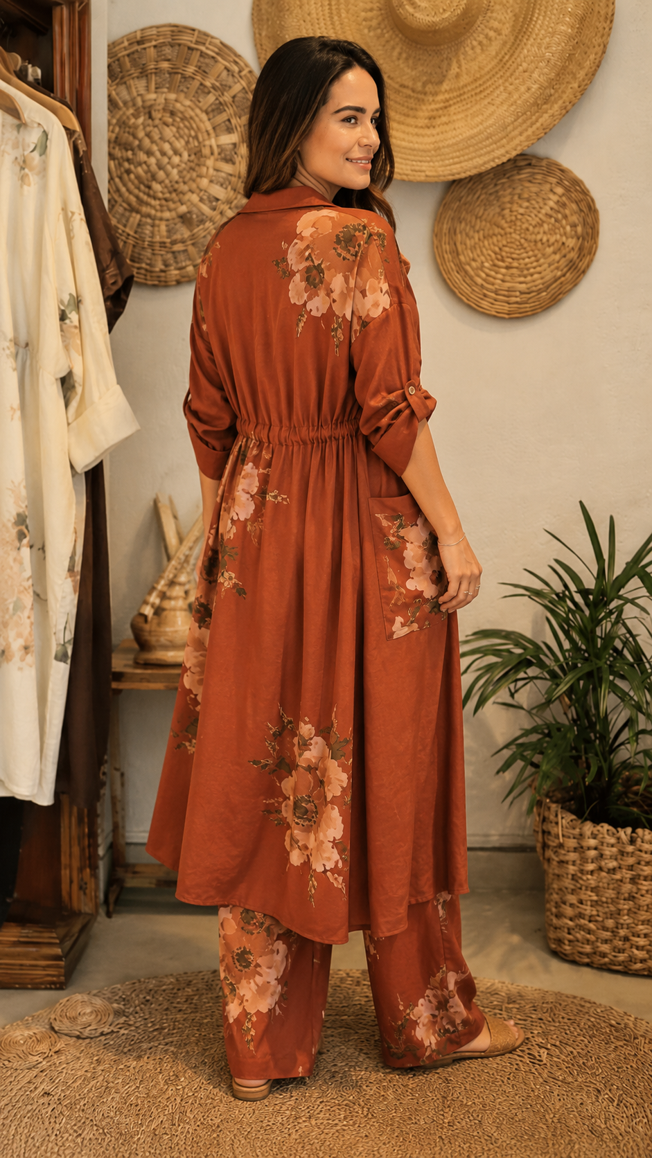 Floral Print Longline Shirt & Wide-Leg Pants Set