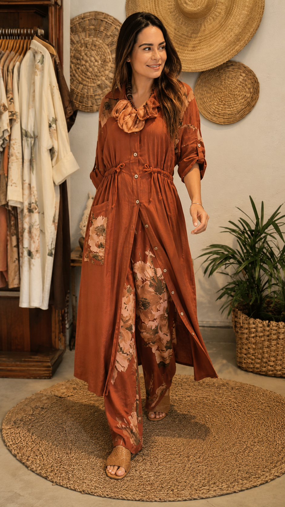 Floral Print Longline Shirt & Wide-Leg Pants Set