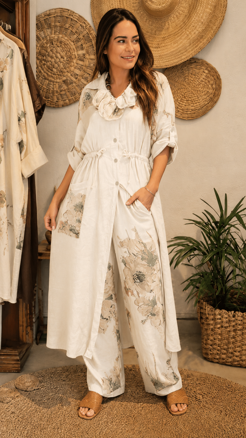 Floral Print Longline Shirt & Wide-Leg Pants Set