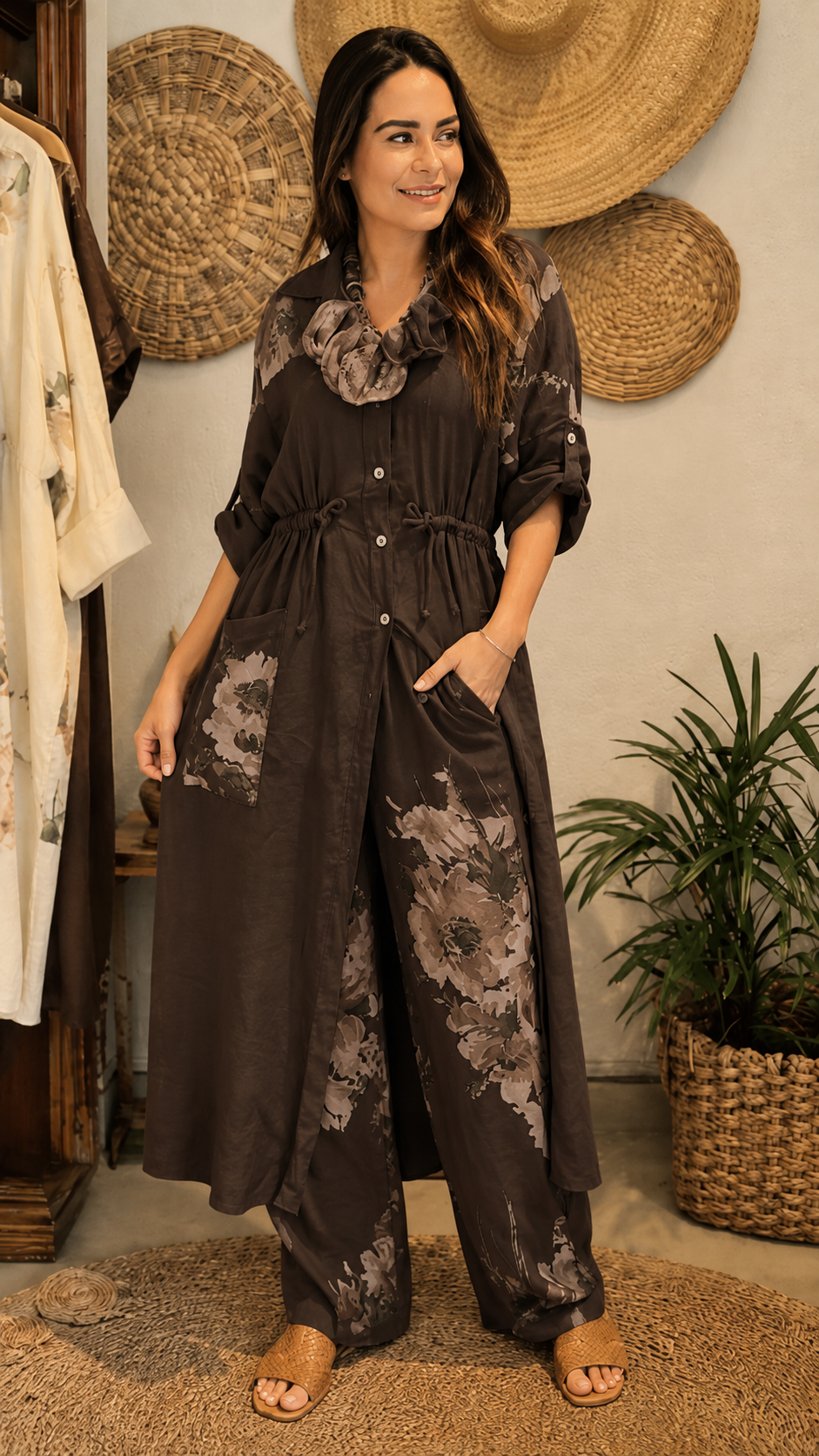 Floral Print Longline Shirt & Wide-Leg Pants Set