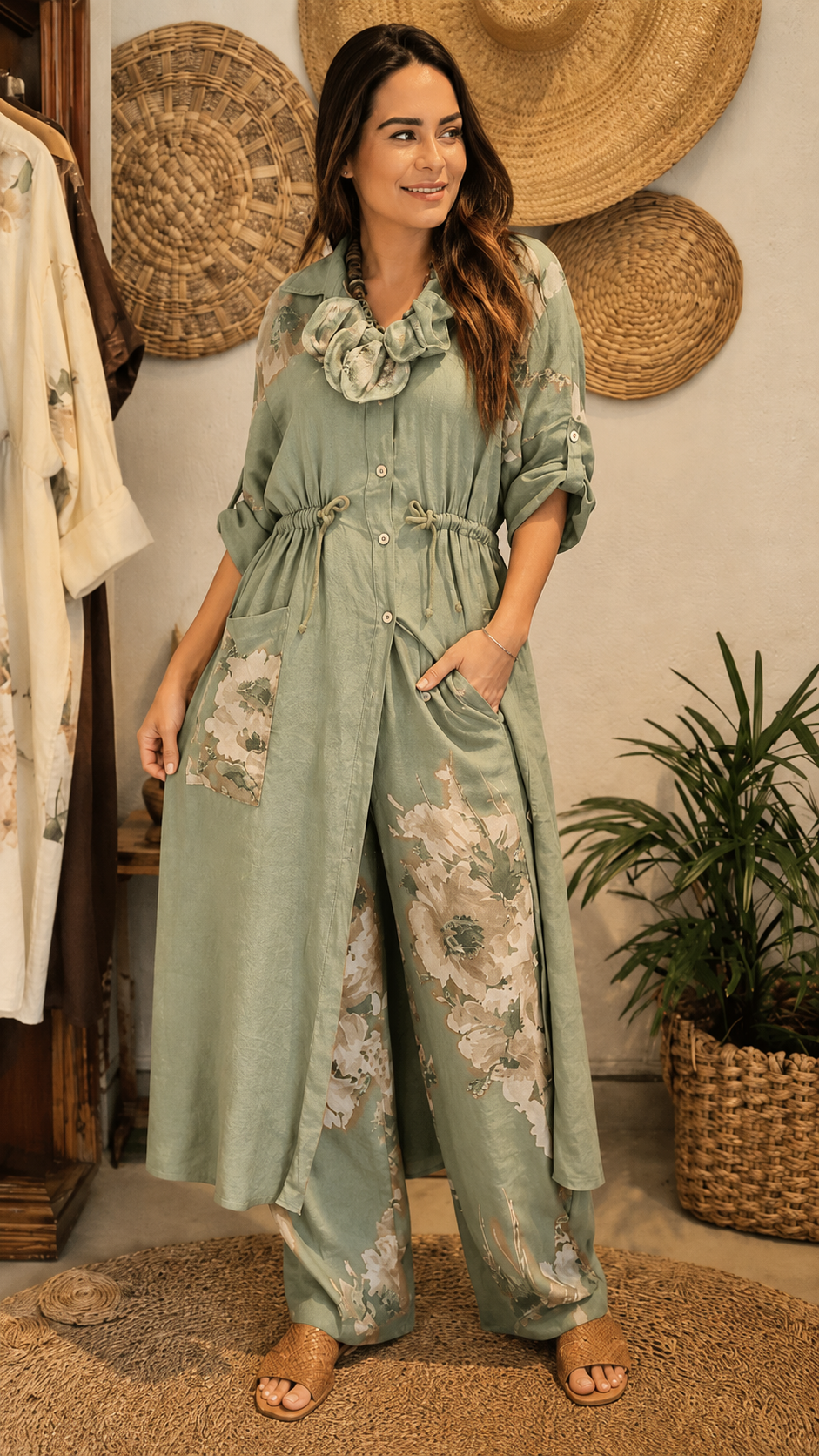 Floral Print Longline Shirt & Wide-Leg Pants Set