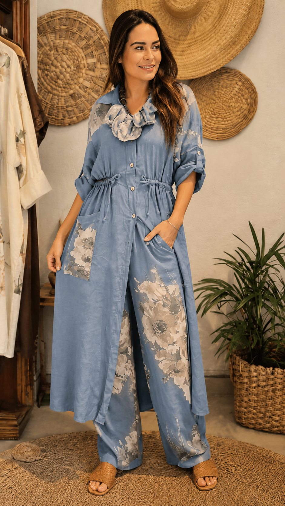 Floral Print Longline Shirt & Wide-Leg Pants Set