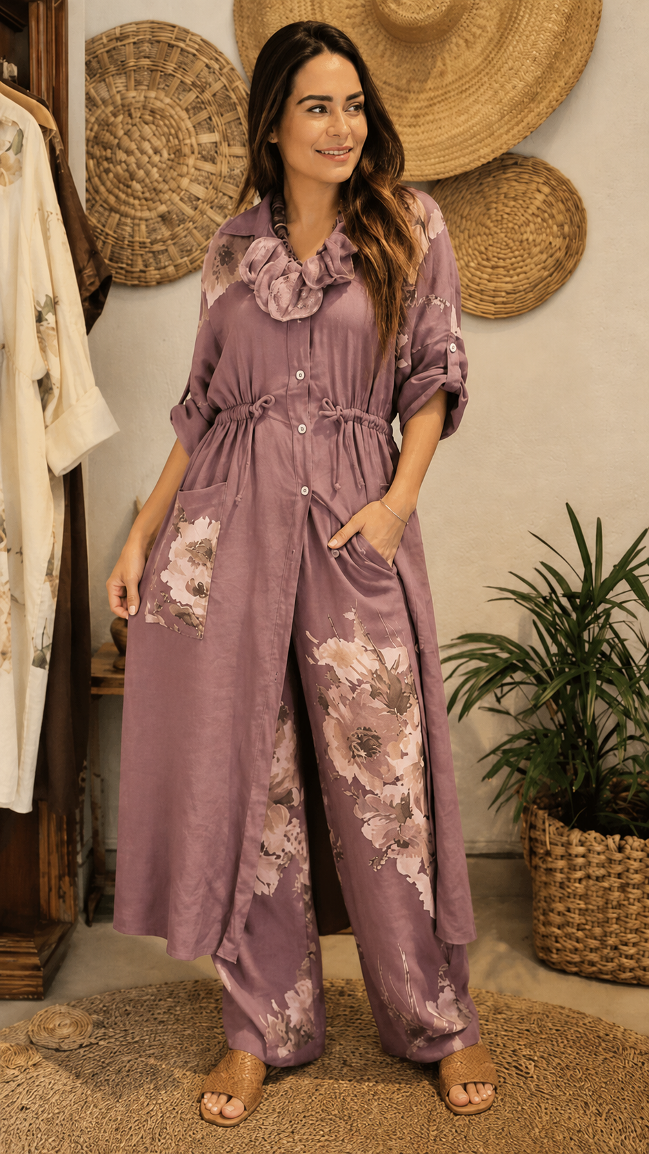 Floral Print Longline Shirt & Wide-Leg Pants Set