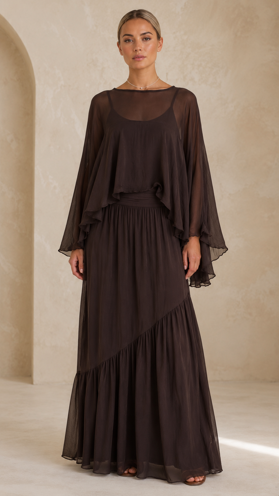 Elegant Sheer Cape Maxi Dress