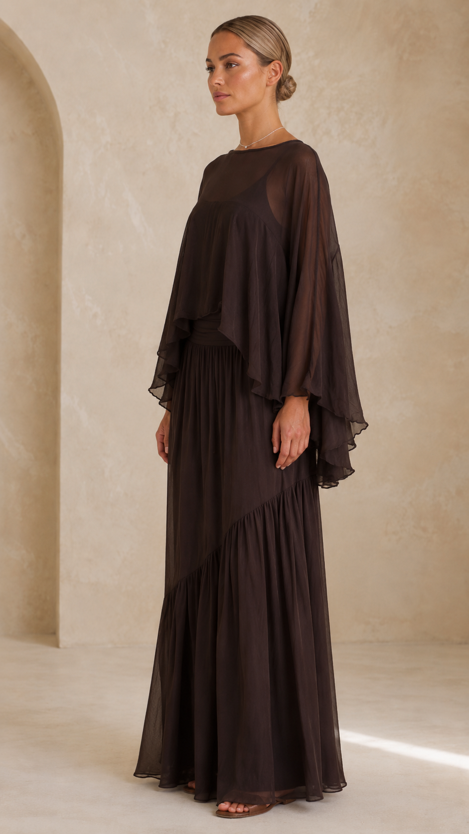 Elegant Sheer Cape Maxi Dress
