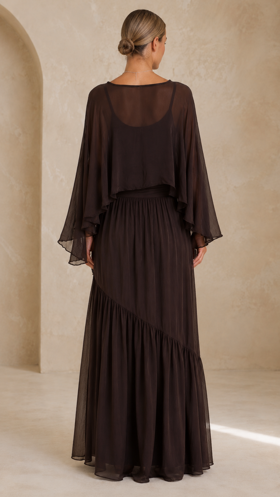 Elegant Sheer Cape Maxi Dress