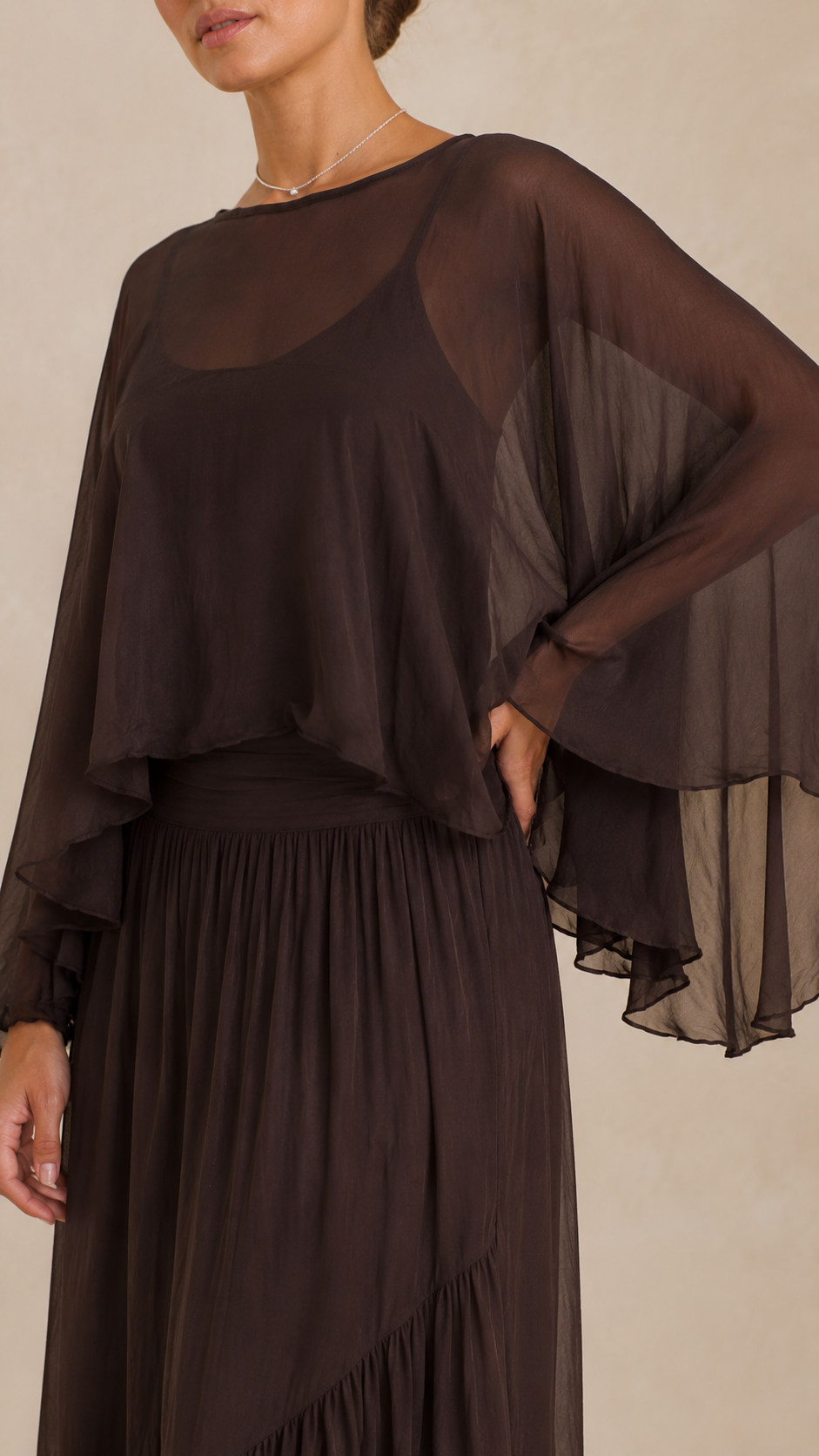 Elegant Sheer Cape Maxi Dress