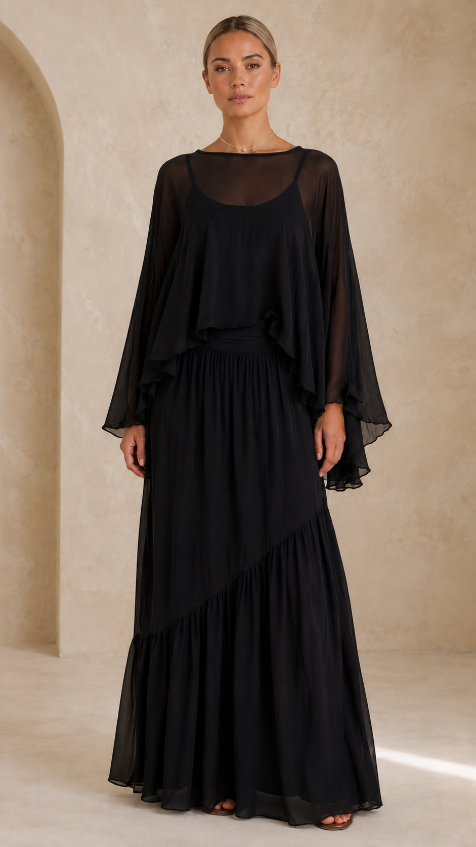Elegant Sheer Cape Maxi Dress