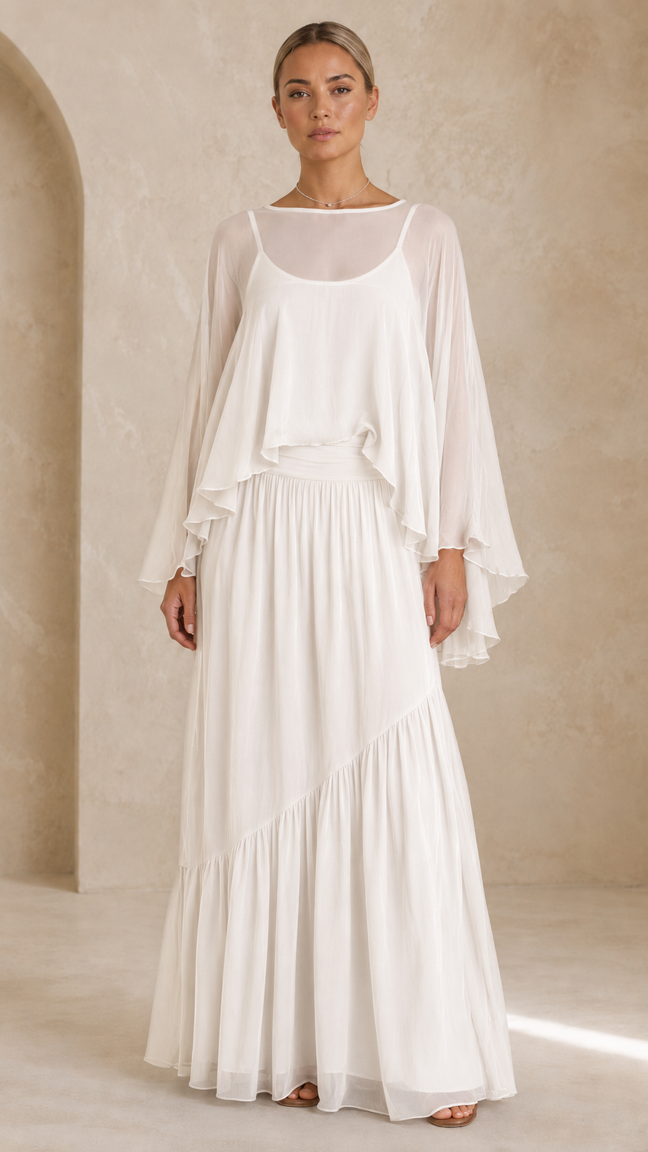 Elegant Sheer Cape Maxi Dress