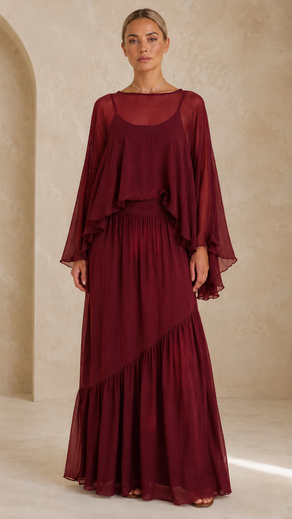 Elegant Sheer Cape Maxi Dress