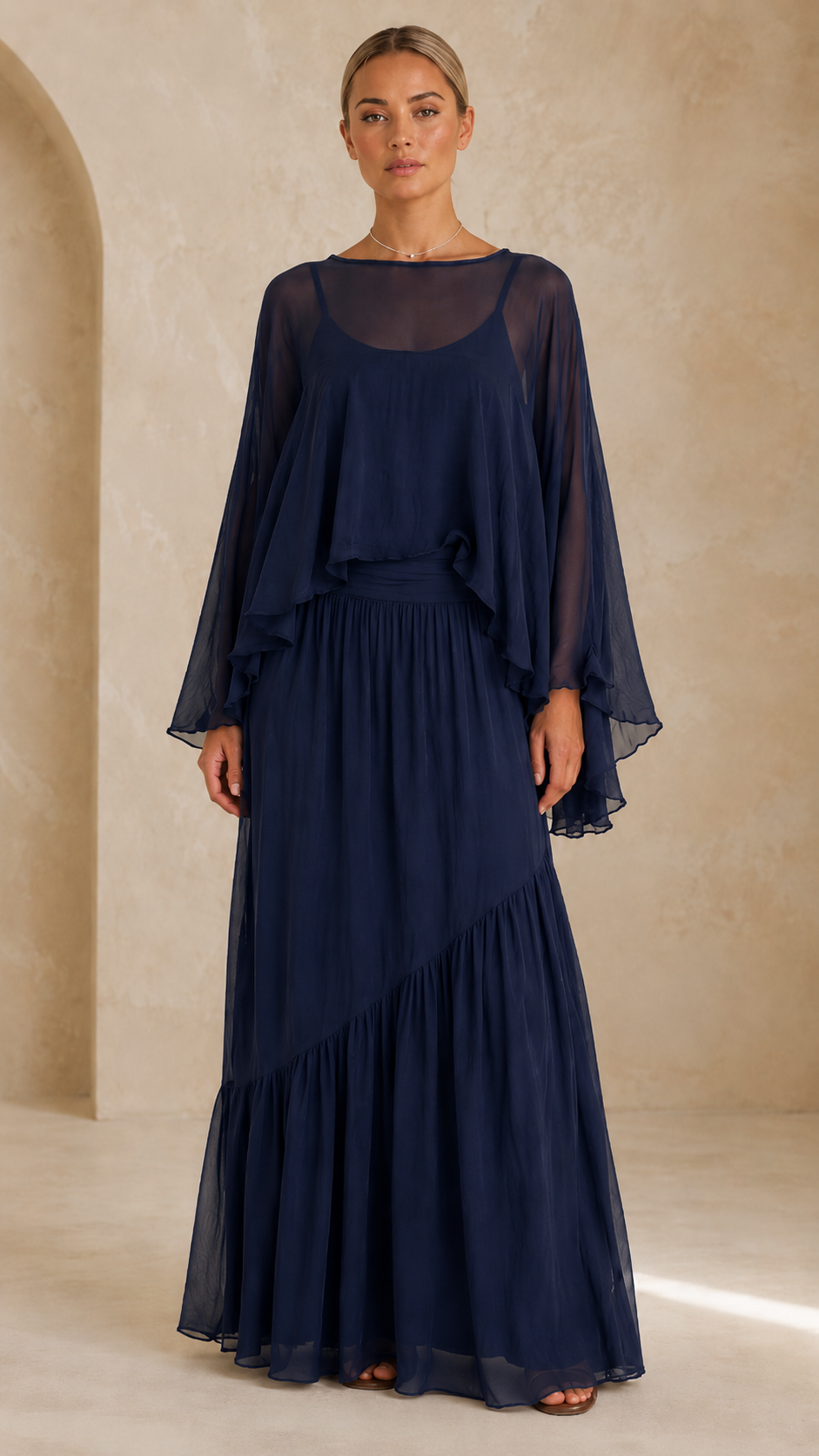 Elegant Sheer Cape Maxi Dress