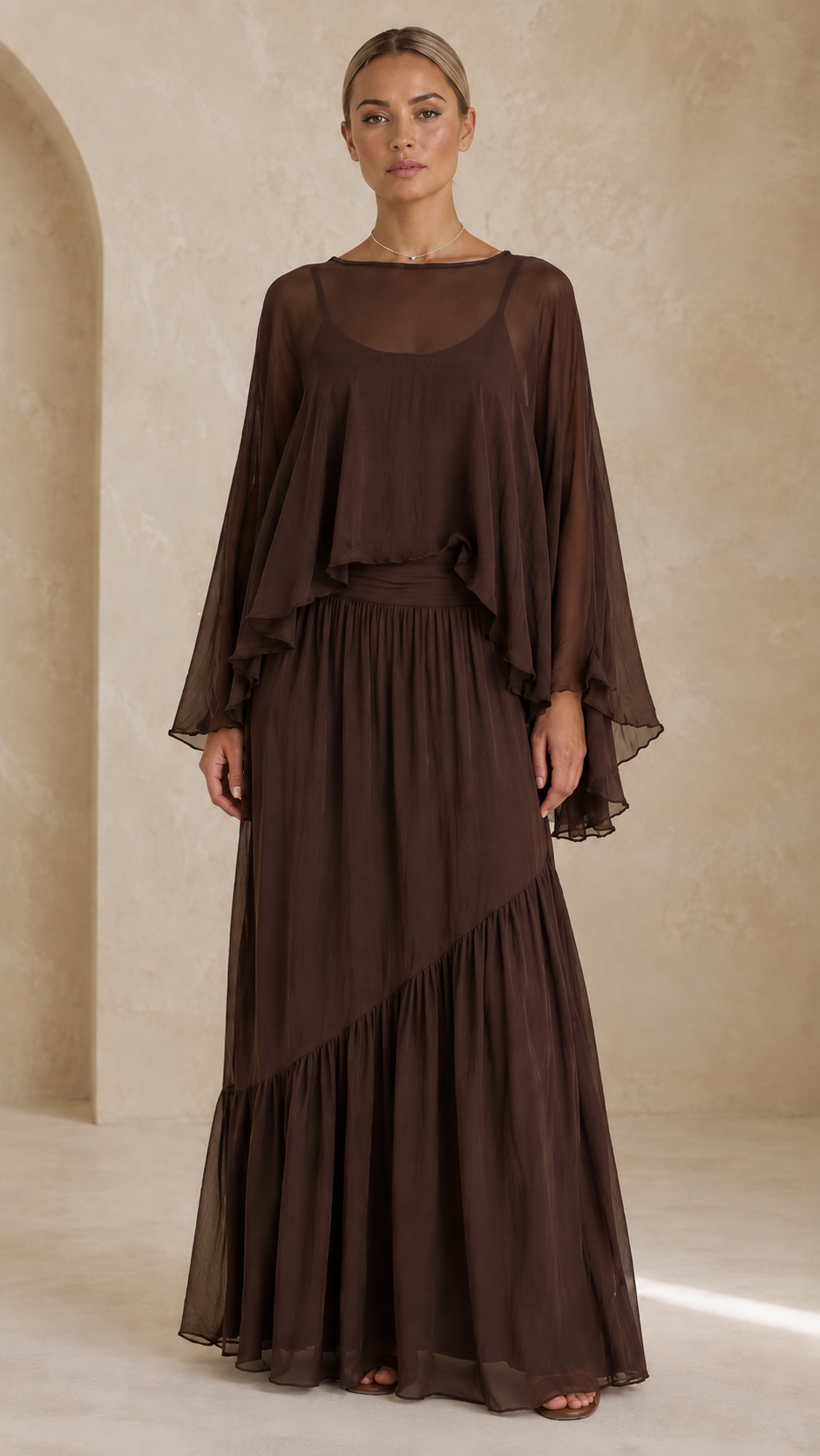 Elegant Sheer Cape Maxi Dress