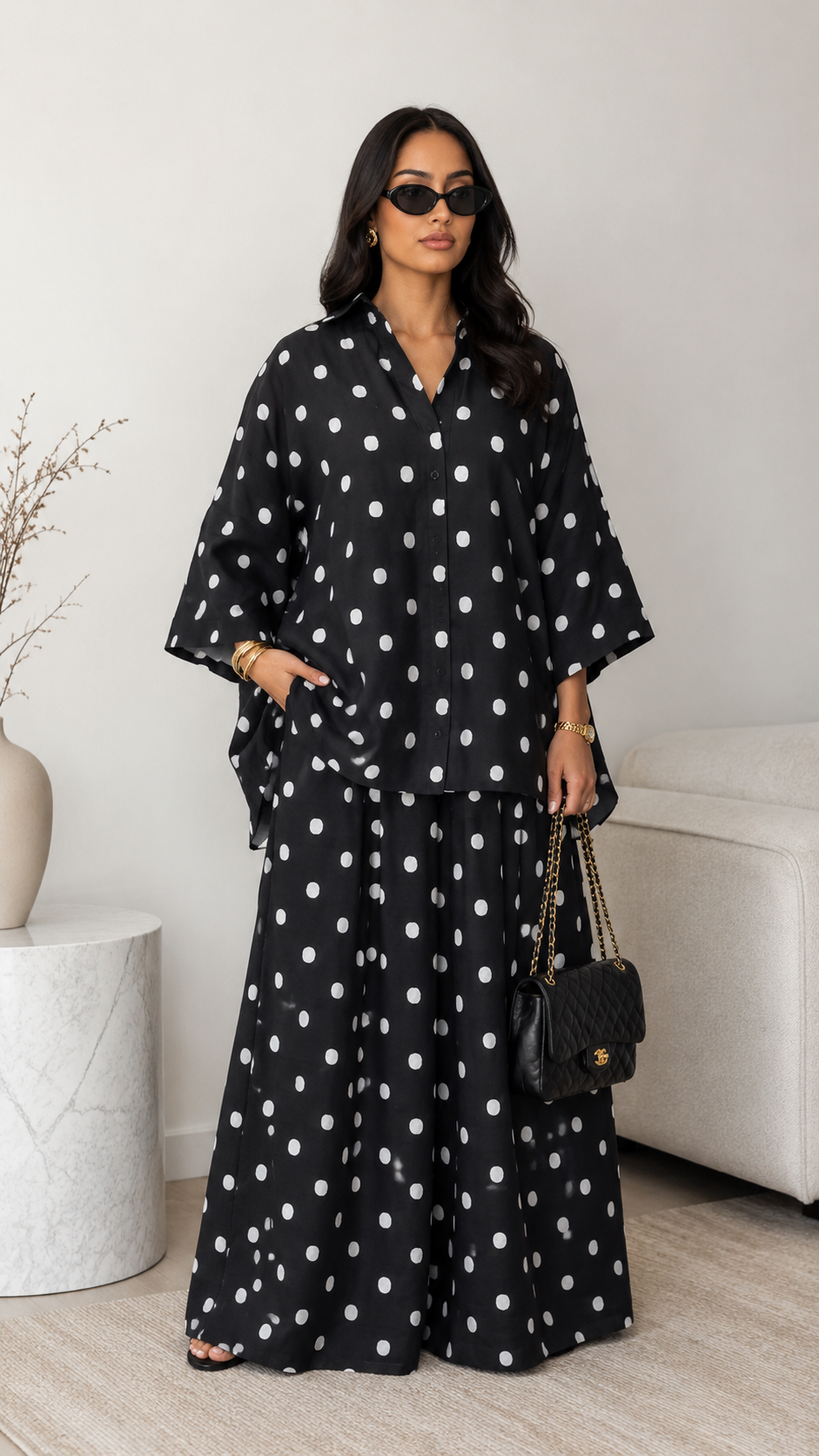 Polka Dot Shirt & Wide-Leg Pants Set