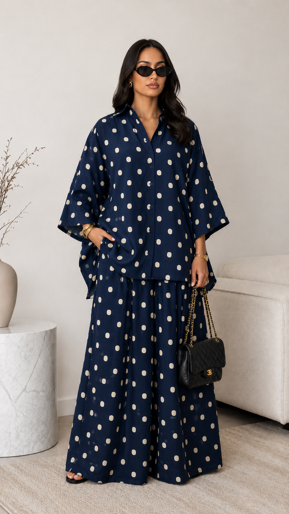 Polka Dot Shirt & Wide-Leg Pants Set