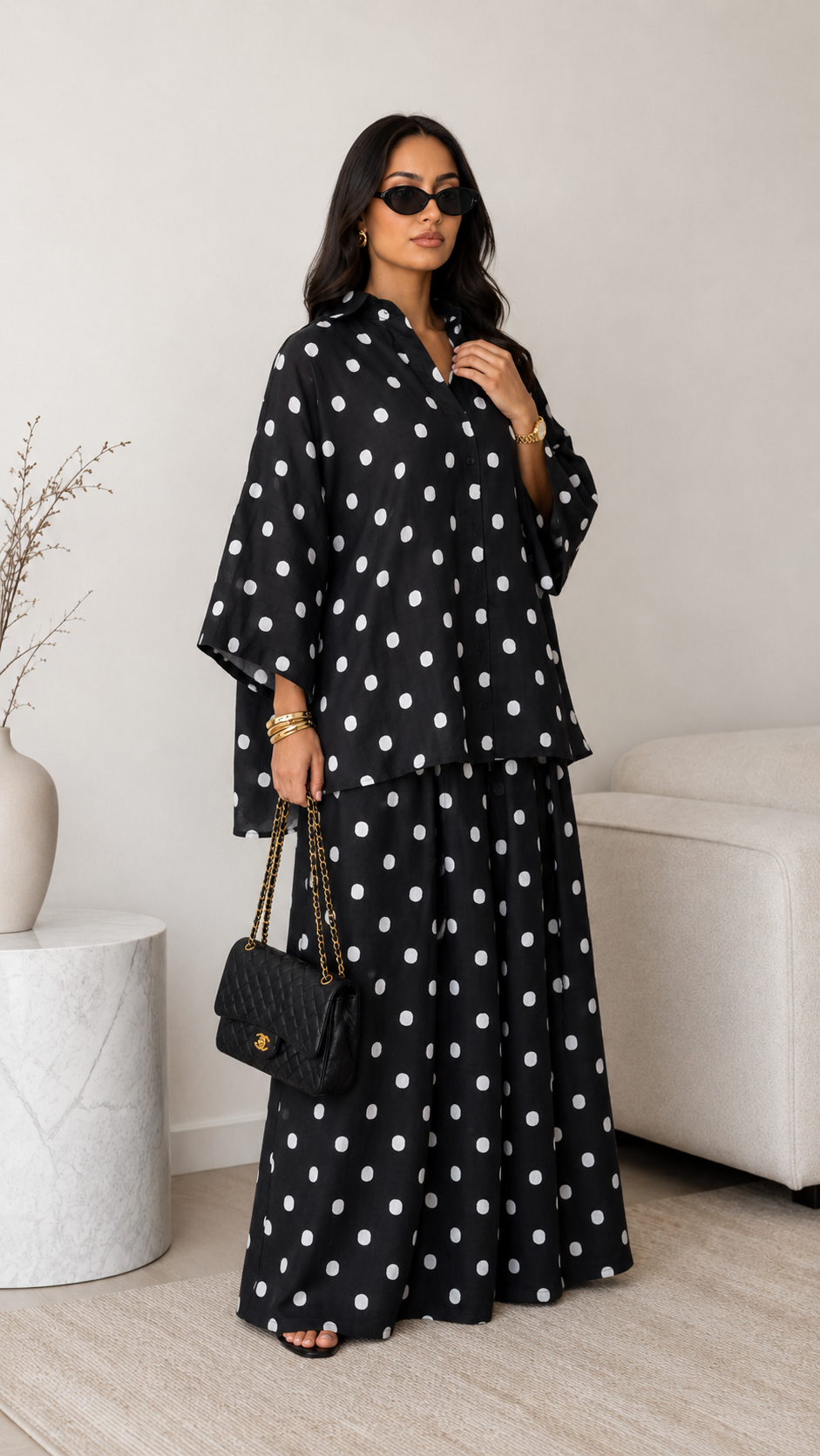 Polka Dot Shirt & Wide-Leg Pants Set
