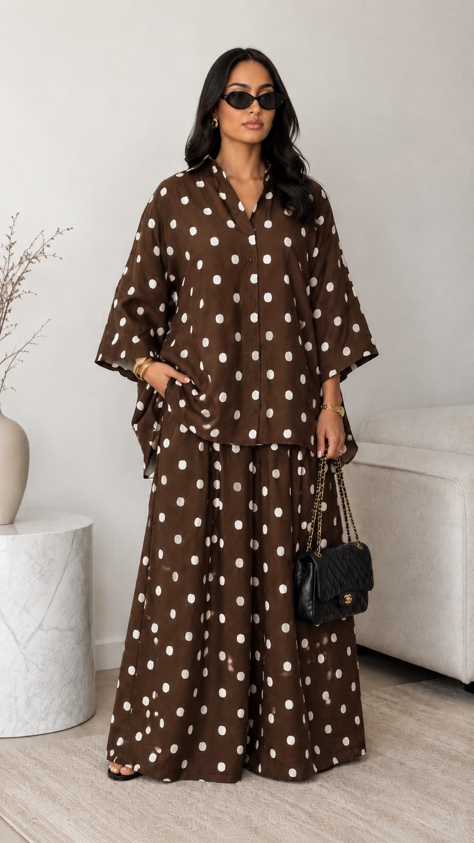 Polka Dot Shirt & Wide-Leg Pants Set