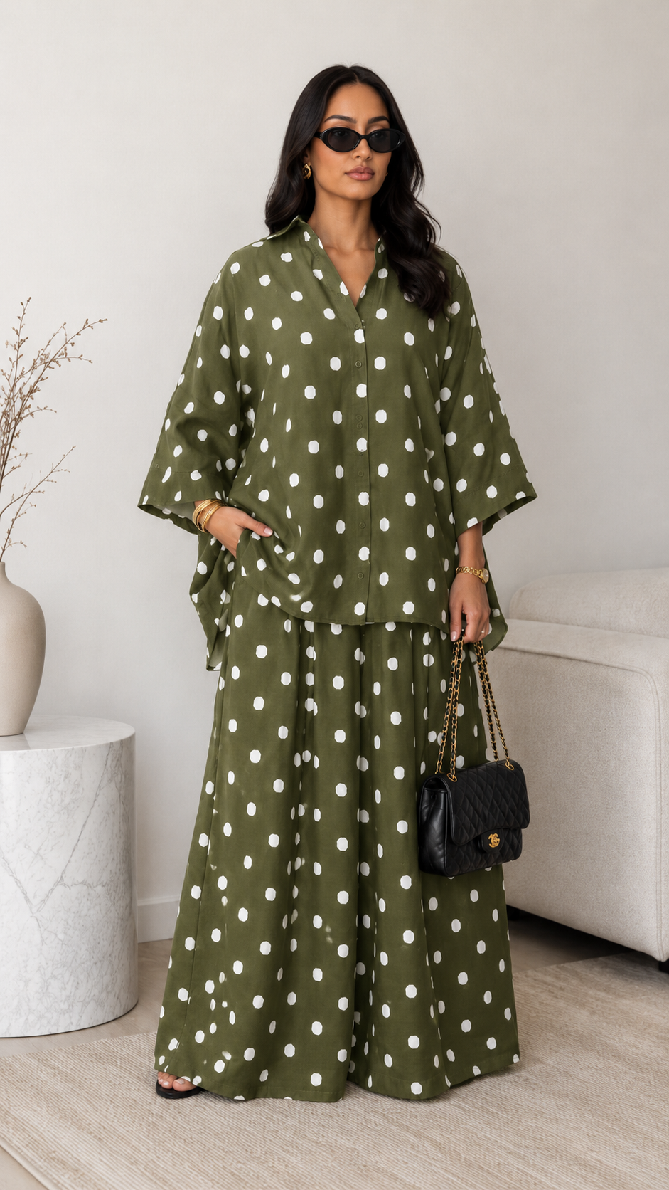 Polka Dot Shirt & Wide-Leg Pants Set