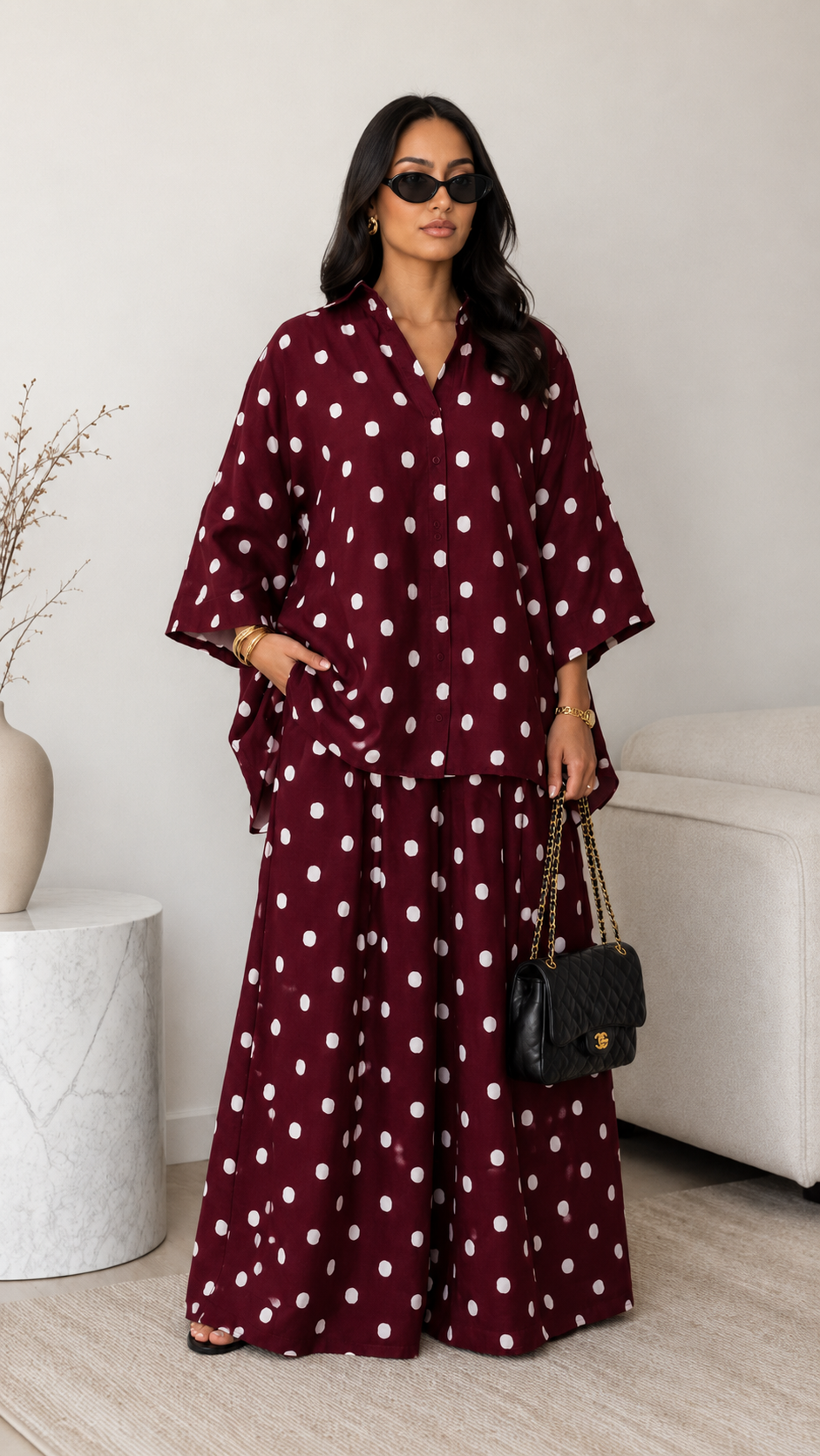 Polka Dot Shirt & Wide-Leg Pants Set
