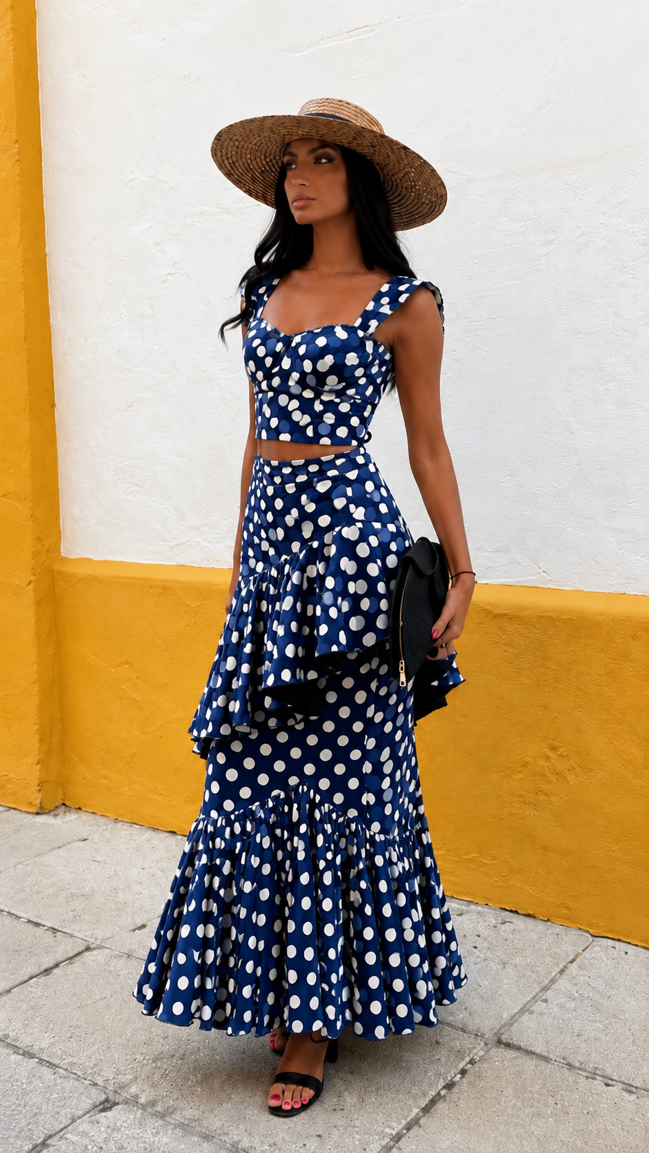 Polka Dot Ruffle Crop Top & Maxi Skirt Set