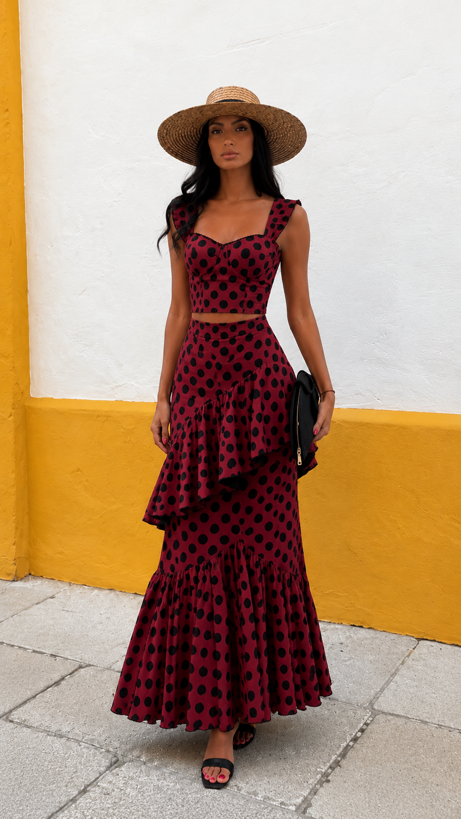 Polka Dot Ruffle Crop Top & Maxi Skirt Set