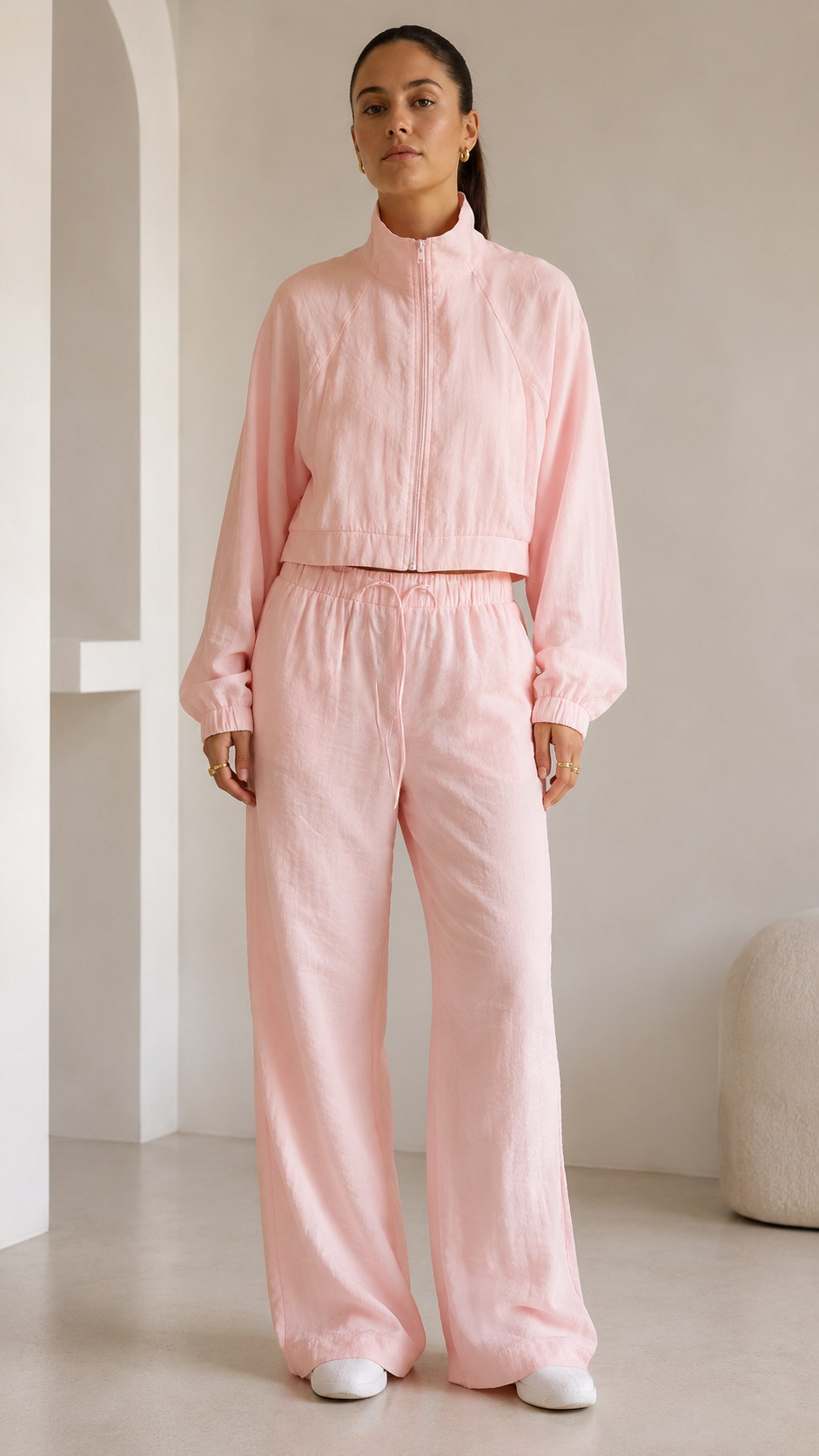 Soft Pink Cropped Jacket & Wide-Leg Pants Set