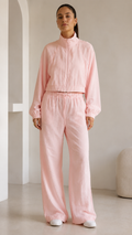 Soft Pink Cropped Jacket & Wide-Leg Pants Set