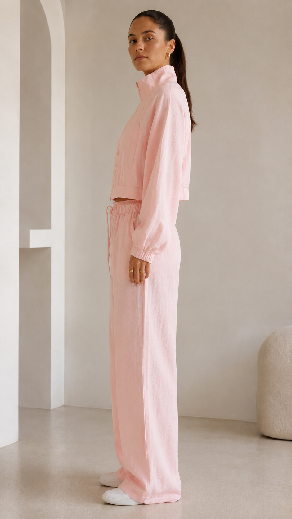 Soft Pink Cropped Jacket & Wide-Leg Pants Set