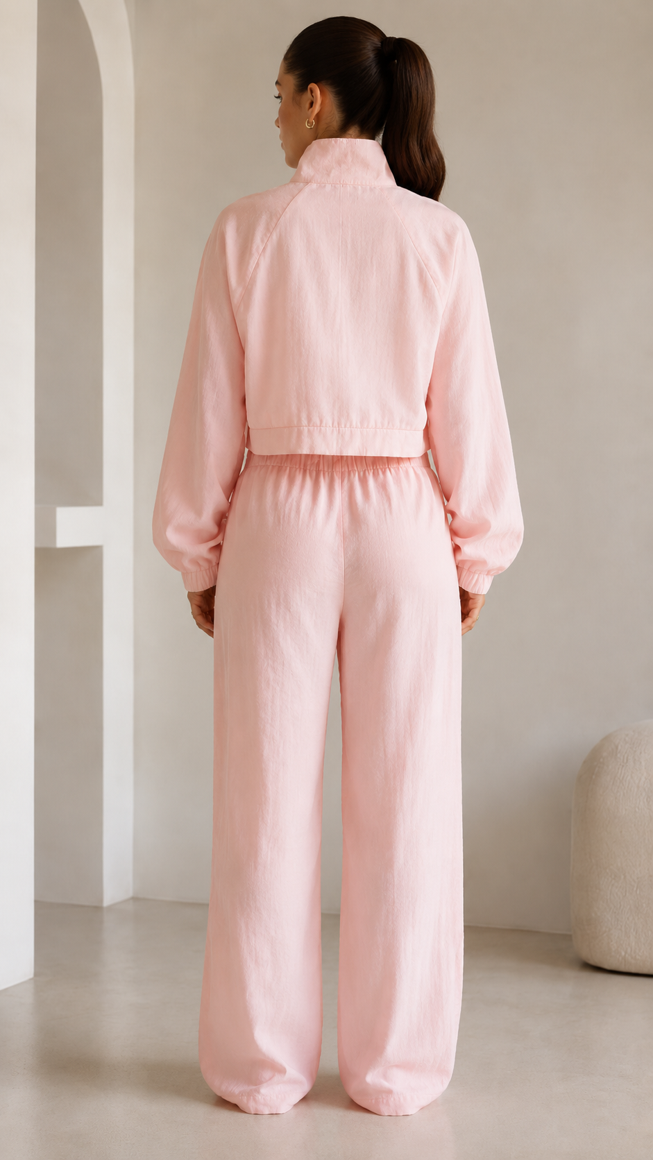 Soft Pink Cropped Jacket & Wide-Leg Pants Set