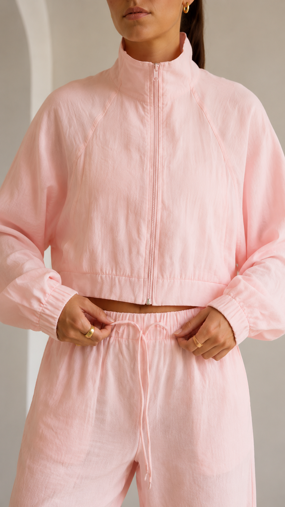 Soft Pink Cropped Jacket & Wide-Leg Pants Set