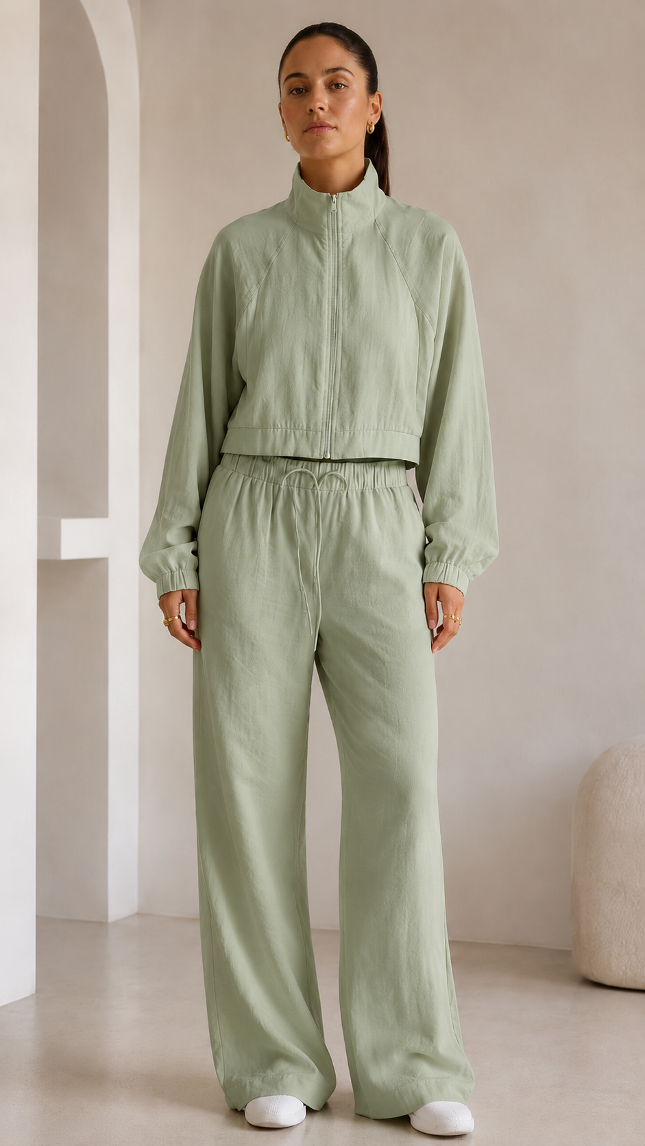 Soft Pink Cropped Jacket & Wide-Leg Pants Set