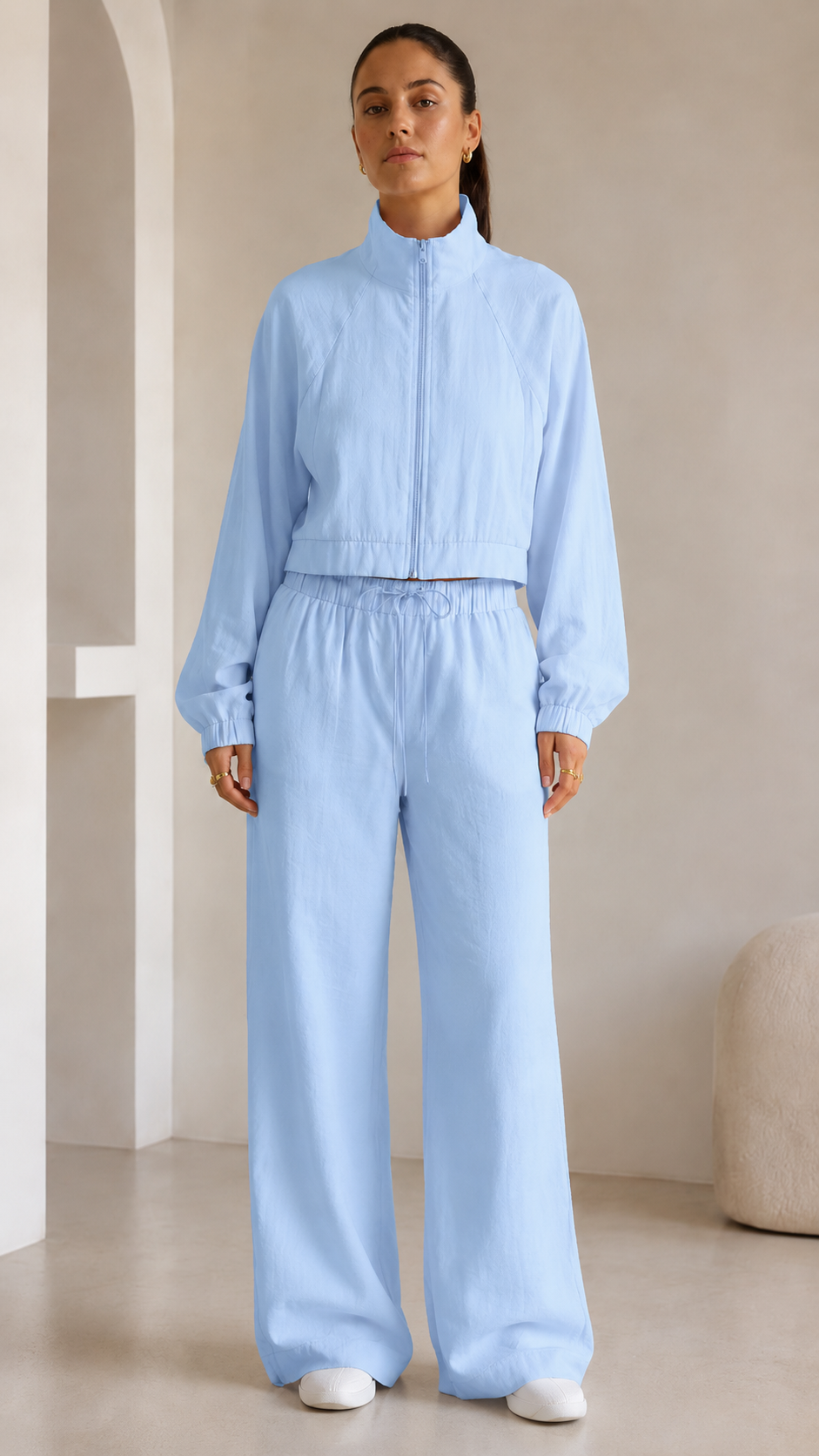 Soft Pink Cropped Jacket & Wide-Leg Pants Set